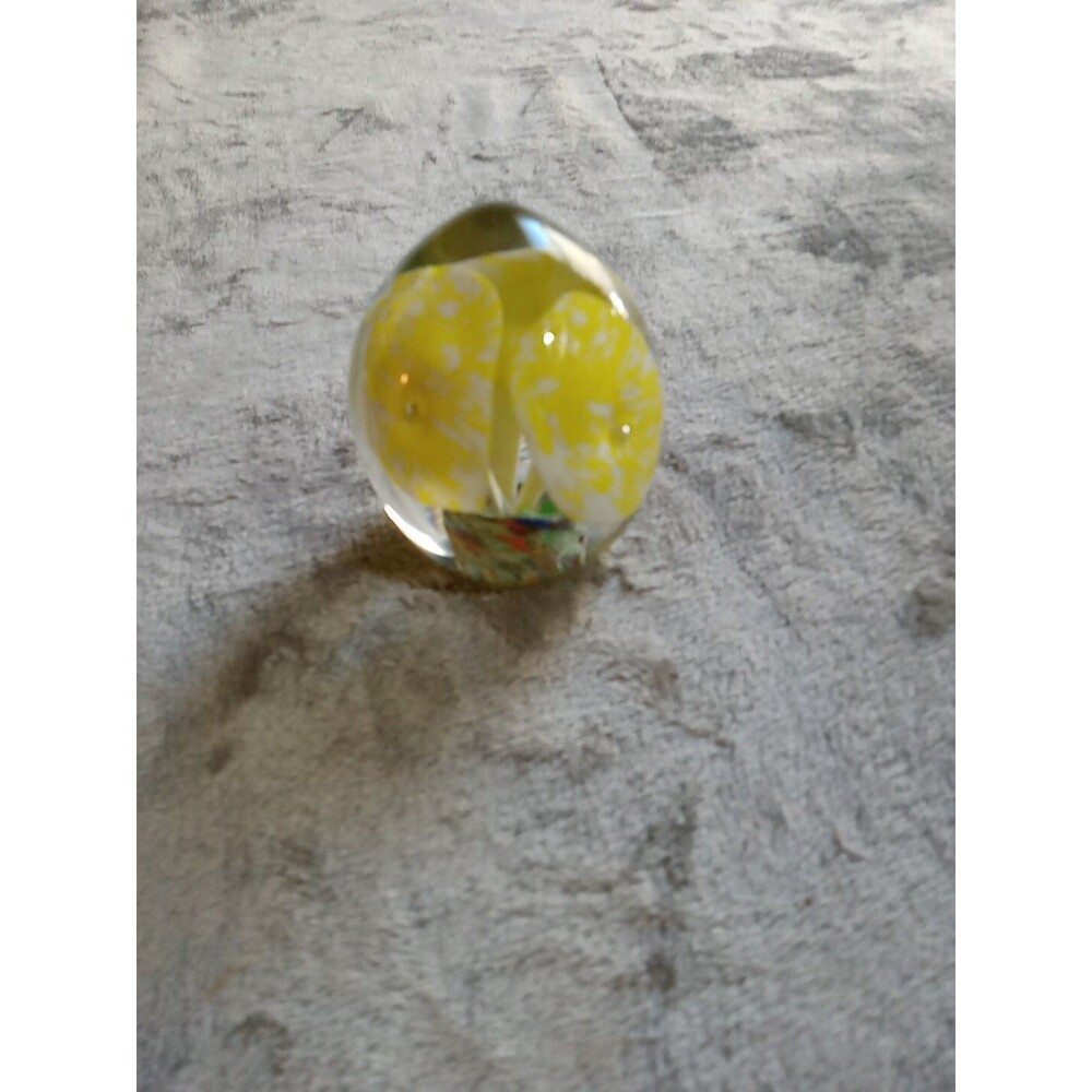 Vintage Art Glass Egg Shaped Yellow Mushroom Flower Lead Crystal Paperweight